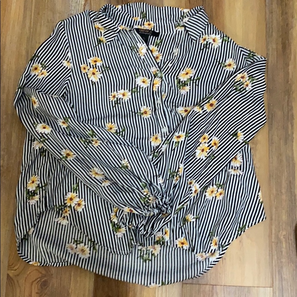 Black and white striped button down with flowers